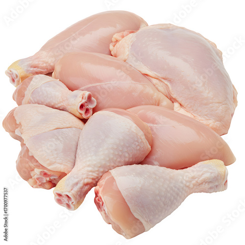 Fresh raw chicken cuts set including drumsticks, wings, thighs, and a breast fillet isolated. Essential ingredients for cooking, isolated on white or transparent background, PNG format.