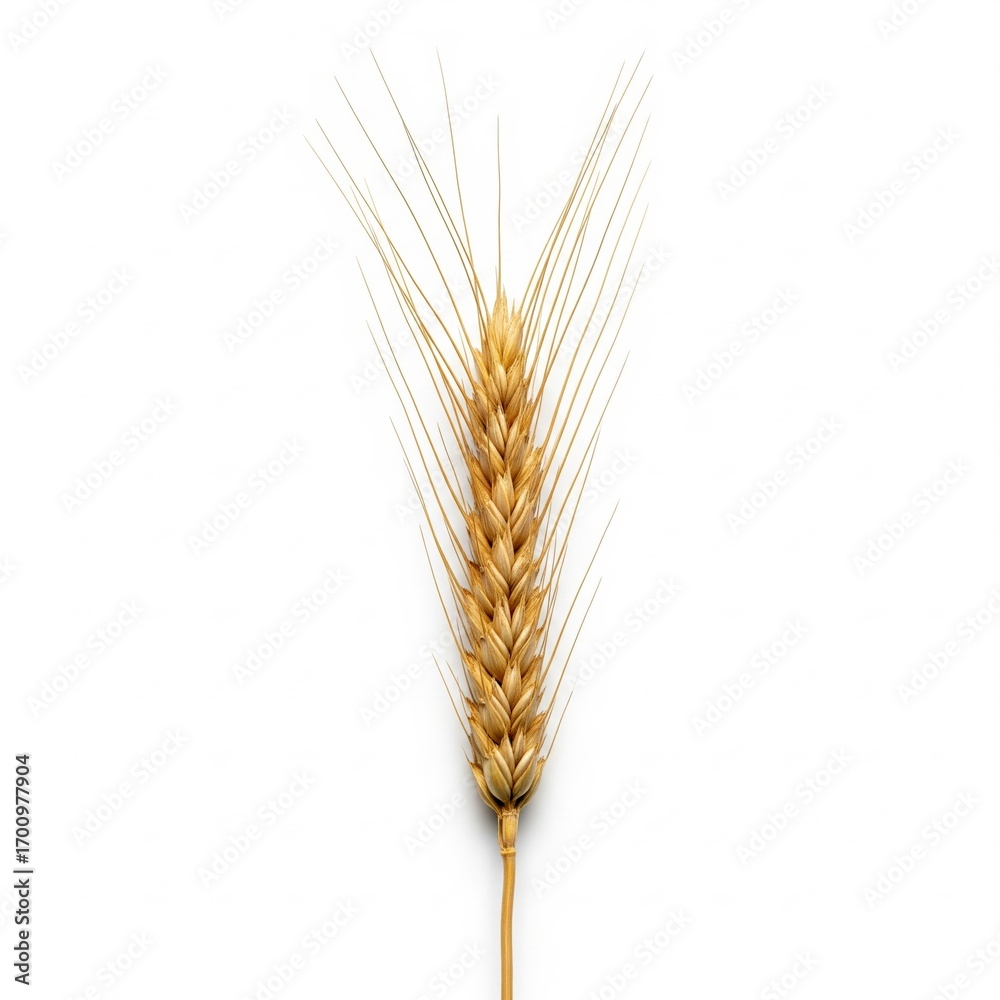 Fototapeta premium Golden wheat ear with seeds and grains ready for harvest on a white background, showcasing nature's bounty and agricultural abundance, perfect for food-related visuals.