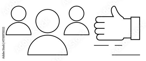 Outline of three individuals alongside a large right-hand thumbs-up icon. Ideal for teamwork, approval, feedback, collaboration, motivation, leadership, simple landing page