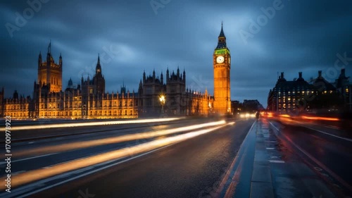 A dramatic cityscape view of the Houses of Parliament in London at twilight, illuminated by streaks of moving vehicle lights.