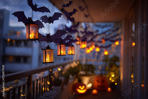 Spooky balcony decor featuring holographic bats and glowing lanterns for Halloween celebrations in October 2025