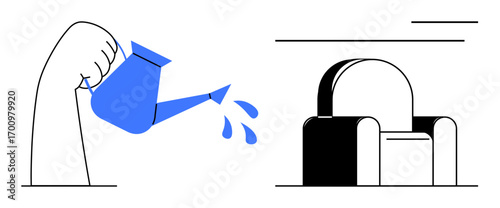 Hand pouring water from a blue watering can over abstract geometric shapes. Ideal for growth, nurturing, creativity, sustainability, self-care, progress, education. Simple flat metaphor