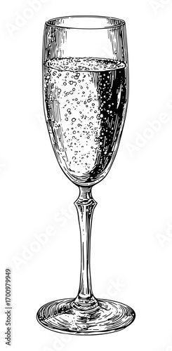 Elegant black and white line art illustration of a champagne glass with sparkling bubbles