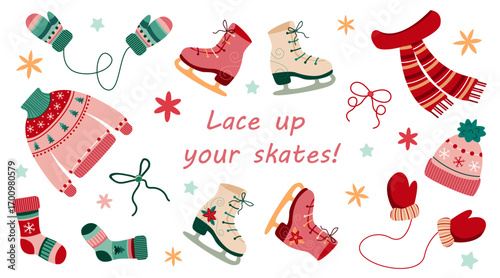 Cozy Christmas fashion elements collection, wool sweater, scarf, gloves, hat, mittens, festive socks, decorative bows, stars and skates, winter holiday vector design for card poster
