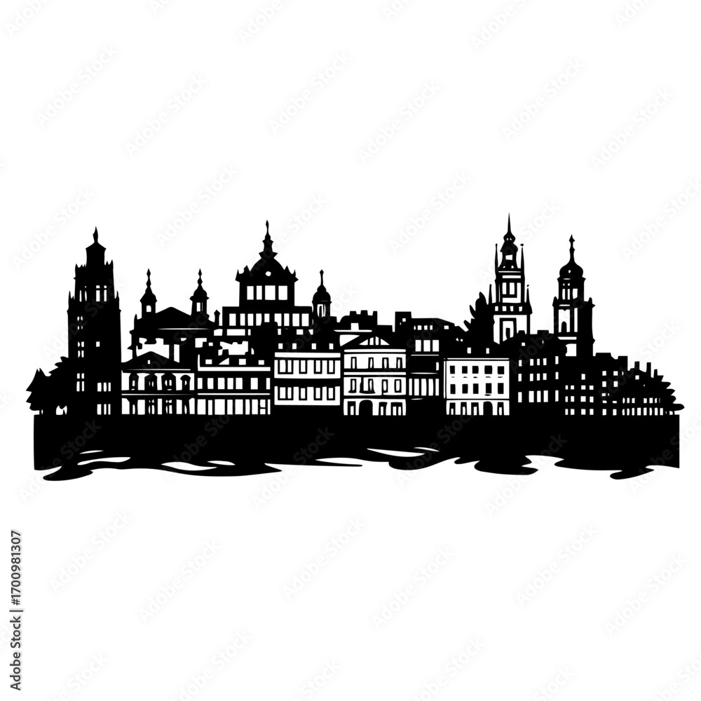 Fototapeta premium Scenic riverside European city skyline silhouette with medieval spires and waterfront houses – historic architecture travel panorama