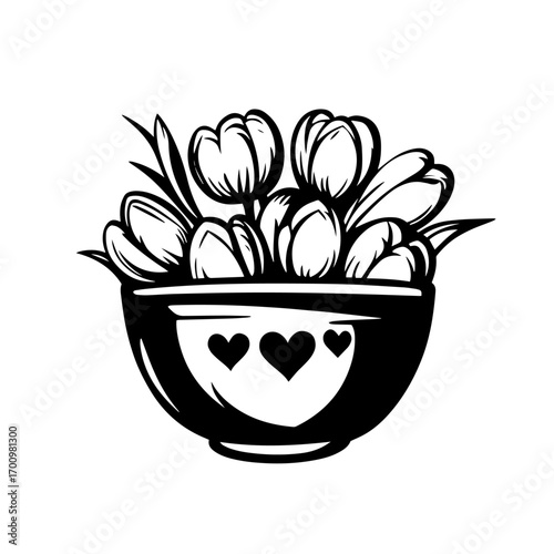 Decorative bowl filled with blooming tulips silhouette – romantic spring floral arrangement for greeting cards or wedding decor