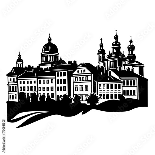 European old town skyline silhouette with domed cathedral towers and historic houses – charming cityscape for travel or postcard design