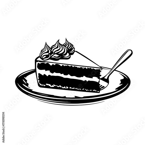 Delicious slice of chocolate layer cake with whipped cream silhouette – sweet dessert icon for bakery menu or cafe branding