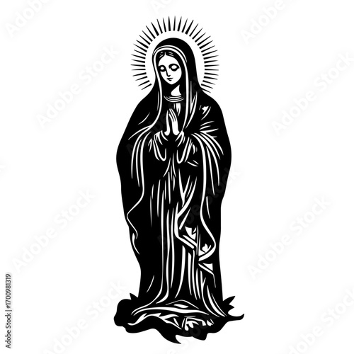Praying Virgin Mary silhouette with halo rays – holy Catholic icon for religious tattoo, prayer card or church decoration