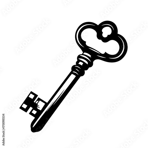 Antique skeleton key silhouette with ornate bow – vintage security symbol for locksmith logo or treasure hunt graphics