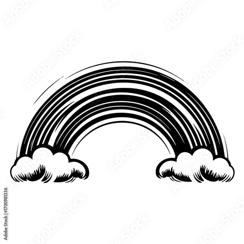 Happy rainbow arch with fluffy clouds silhouette – uplifting symbol of hope, LGBT pride or weather forecast graphics