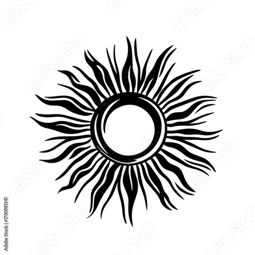 Radiant tribal sun emblem silhouette with flame rays – boho solar symbol for tattoo, logo or summer design