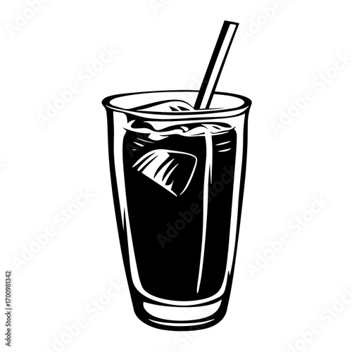 Tall glass of fizzy soda drink silhouette with straw and ice cubes – refreshing beverage icon for bar menu or summer party design