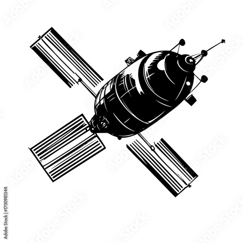 Orbiting space satellite silhouette with solar panels and antennas – scientific technology icon for astronomy or communication themes