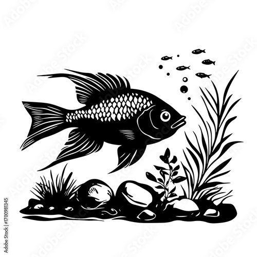 Aquarium goldfish swimming among plants and pebbles silhouette – vintage aquatic pet scene for hobby or logo design