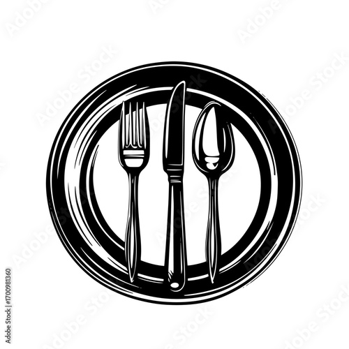 Restaurant dinner plate setting silhouette with fork, knife and spoon – dining etiquette icon for menu or culinary branding