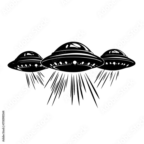 Retro UFO fleet invading sky silhouette – vintage sci‑fi flying saucers with beams for alien invasion artwork
