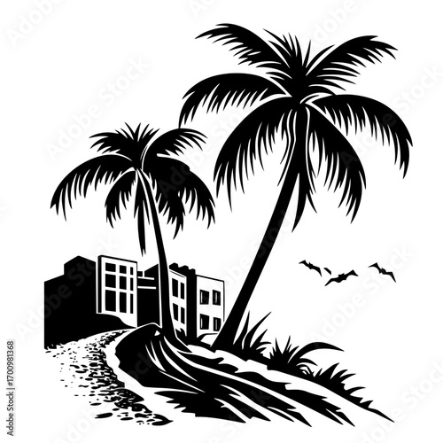 Tropical beach resort silhouette with bending coconut palm trees and bungalow – exotic vacation paradise illustration