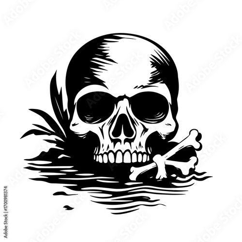 Skull with crossbones emerging from water silhouette – ominous pirate danger symbol for warning signs or Halloween designs