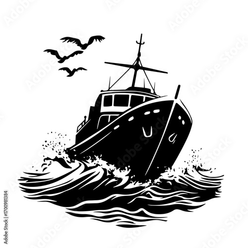 Motor yacht cruising through ocean waves silhouette with flying seabirds – luxury fishing boat illustration for nautical travel ads
