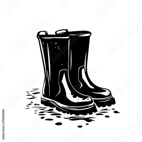 Pair of rubber rain boots standing in mud silhouette – waterproof gardening footwear graphic for outdoor gear branding