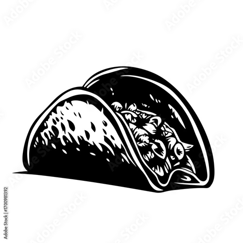 Juicy Mexican taco silhouette stuffed with meat, vegetables and salsa – street food icon for restaurant menu or fiesta party graphics