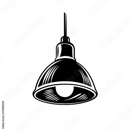 Industrial pendant ceiling lamp silhouette with exposed bulb – factory style lighting icon for interior design graphics