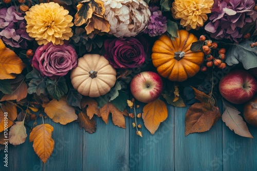 A vibrant autumnal arrangement featuring pumpkins, apples, flowers, and leaves on a teal wooden background.
