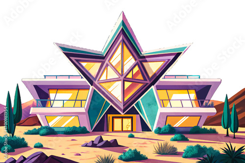 Star shaped futuristic villa in desert, geometric bold design glowing under dramatic night sky