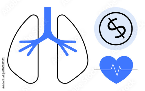 Lungs with respiratory system, heart rate icon, and financial sign emphasize healthcare, cost, medical research, disease prevention, diagnostics, treatment and health investment. Ideal for a simple