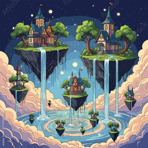 Fantasy Floating Island Cityscape: A whimsical digital illustration of a breathtaking fantasy landscape, featuring an array of floating islands connected by cascading waterfalls.
