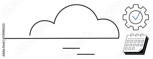 Minimal cloud with gear showing settings, tick mark for success, and calendar for scheduling. Ideal for technology, organization, task management, data storage, cloud services, planning simple flat