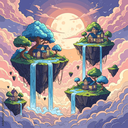 Floating Island Dreamscape: A surreal landscape of floating islands connected by cascading waterfalls under a vibrant sunset, creating a whimsical, imaginative realm.