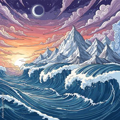 Coastal Serenity: Dramatic waves crash against a rugged mountain range under a colorful sky, inviting viewers to find beauty and serenity in nature's raw power and tranquility.