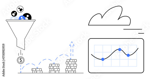 Funnel filtering users into revenue, coin stacks indicating financial growth, line graph analyzing data, cloud icon. Ideal for business strategy, marketing, growth analytics, data management, revenue