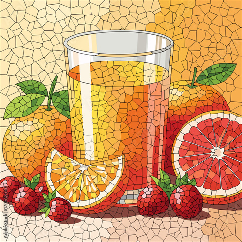 A classic stained glass mosaic illustration of a healthy breakfast scene. Features a glass of juice, oranges, a grapefruit half, and fresh berries, all with prominent dark outlines.