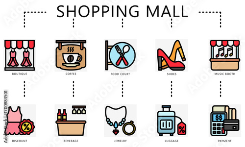 Shopping Mall colored outline icons set. contain boutique, coffee shop, food court, shoes, jewelry, payment, luggage and more. Vector EPS 10 for print, digital UI, UX kit, web and app development.