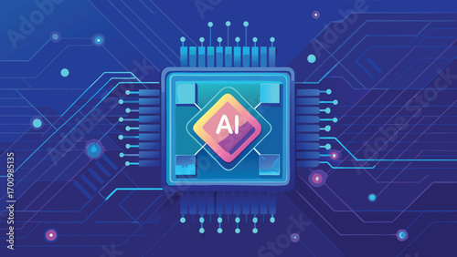 Futuristic Artificial Intelligence Microchip Illustration, Advanced AI Processor, Machine Learning, Data Science, and Digital Technology Concept