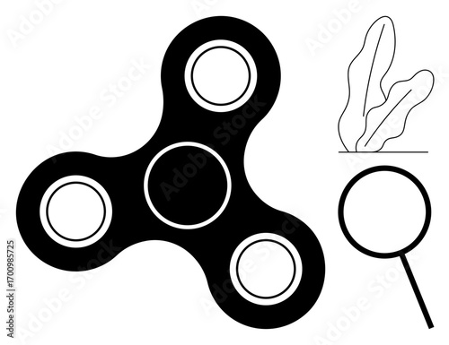 Fidget spinner with three lobes, magnifying glass, and abstract plant on the side. Ideal for focus, relaxation, productivity, mindfulness, simplicity, minimalism flat simple metaphor