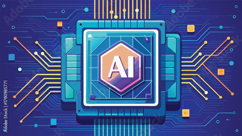 Futuristic Artificial Intelligence Microchip Illustration, Advanced AI Processor, Machine Learning, Data Science, and Digital Technology Concept