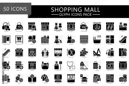 Shopping and Mall Glyph icons set. contain fashion, electronics, food court, shopping bag, food wear, grocery, payment, jewelry, Bar and more. Vector EPS 10 for UI, UX kit, web and app development.