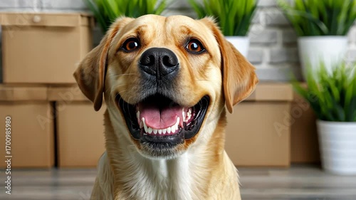 Wallpaper Mural Happy Dog's Close-up: A joyful dog, with a heartwarming smile, offers a charming close-up portrait, embodying happiness and pure bliss against a backdrop of stacked moving boxes and greenery Torontodigital.ca