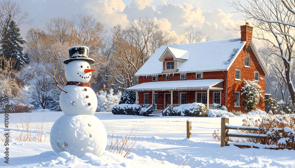 Obraz premium A charming snowman stands guard beside a picturesque winter home, nestled amongst snowy trees.