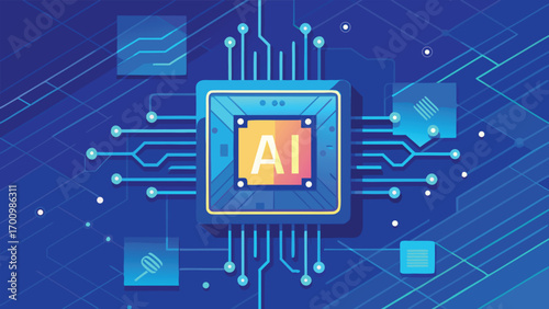 Futuristic Artificial Intelligence Microchip Illustration, Advanced AI Processor, Machine Learning, Data Science, and Digital Technology Concept