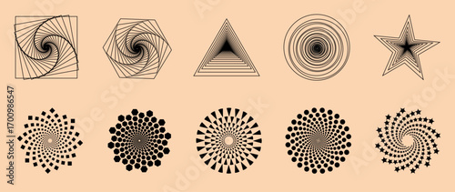 Collection of abstract geometric shapes transformed into dynamic spiral and optical patterns

