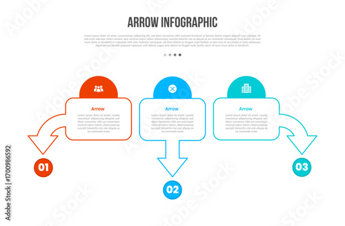 Arrow base shape infographics template diagram with half circle top and arrow spreading bottom direction with 3 point step creative simple flat outline