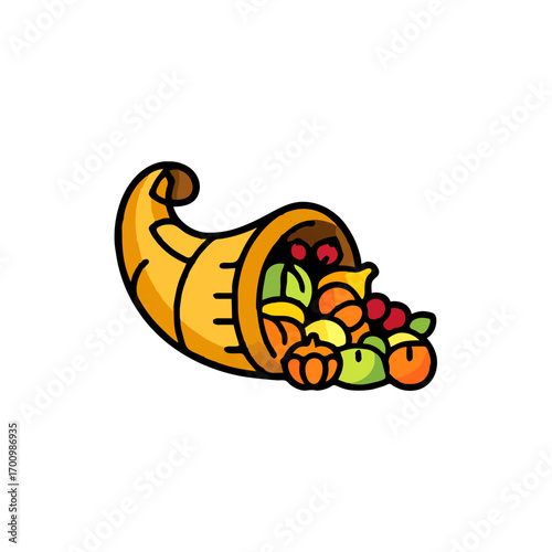 Cornucopia Overflowing with Harvest Fruits and Vegetables Illustration

