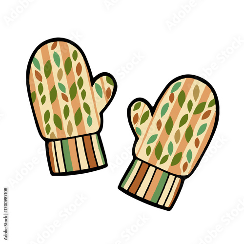 Pair of Autumn-Themed Mittens Keeping Hands Warm

