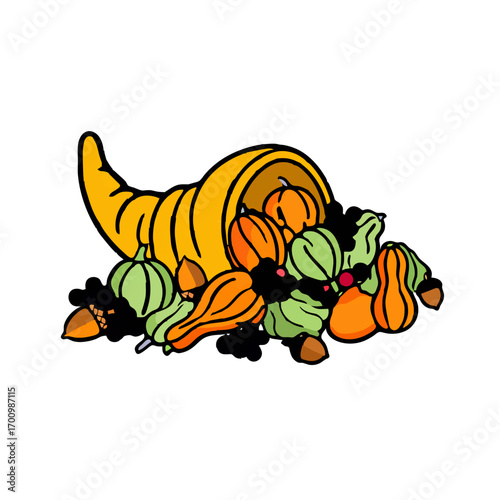 Cornucopia Overflowing with Harvest Fruits and Vegetables Illustration


