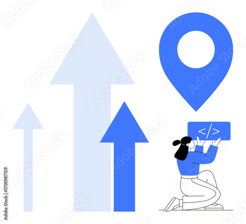 Person holding code panel kneeling near arrows symbolizing growth, aligned with map pin. Ideal for technology, networking, geolocation, progress, digital solutions, innovation, simple landing page